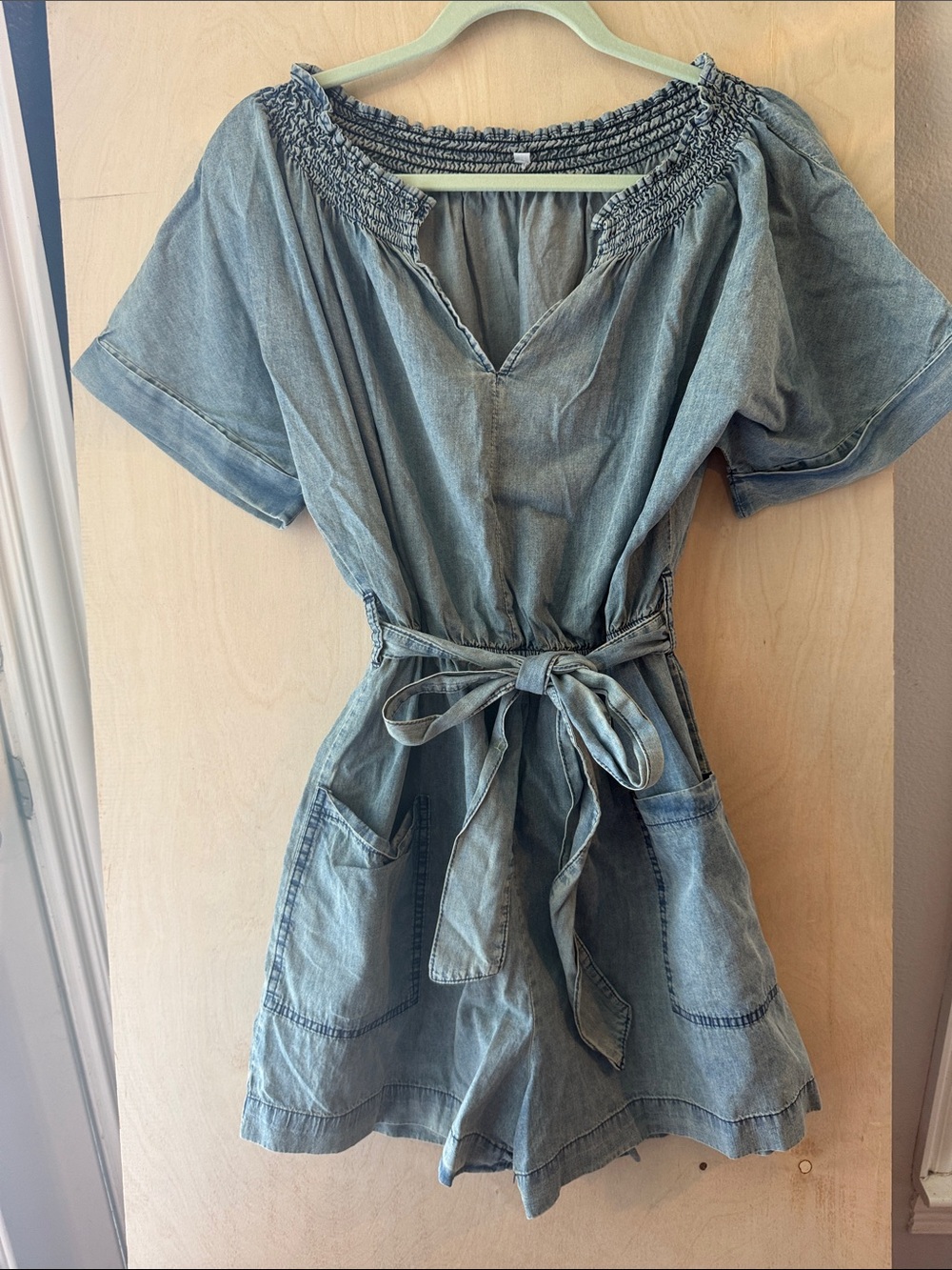 Cupshe Light Blue Denim Off-Shoulder Tie-Waist Romper